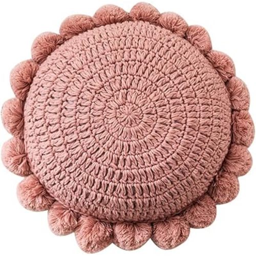 Bohemian Round Pillow 20 Inch | 100% Cotton Decorative Pillow Hand Tufted with Chunky Textured Poms | Boho Throw Pillow for Bed or Couch | Natural Pink Throw Pillow