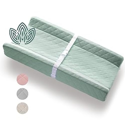 Organic Cotton Contoured Baby Changing Pad w/Waterproof Foam Mattress, Includes Soft, Removable & Washable Cover, Safety Strap, Non-Slip Bottom, Topper for Standard Size Infant Diaper Table & Dresser