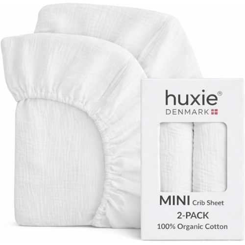 Mini Crib Sheets - Organic Cotton Muslin Fitted MINI 24"x 38" Crib Sheet for Pack and Play - Ultra-Soft and Breathable for Boys and Girls 2-Pack (Soft White)