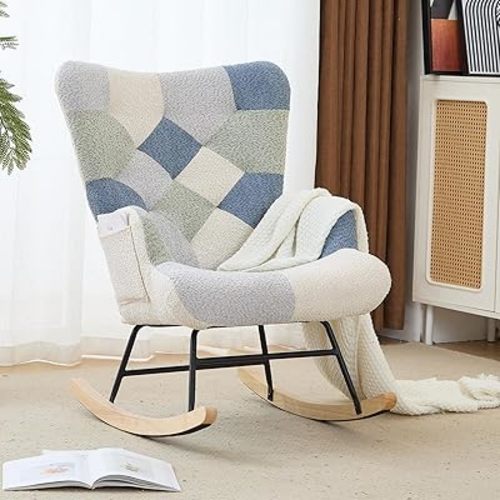 Nursery Rocking Chair Teddy Upholstered Glider Rocker Rocking Accent Chair with High Backrest Armchair Comfy Side Chair for Living Room, Bedroom, Offices (Spliced Blue)