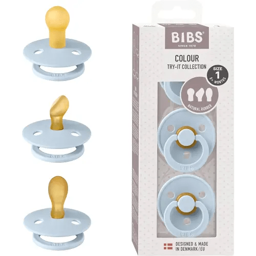 BIBS Pacifiers 0-6 Months | 3-Pack Soothers | BPA-Free Symmetrical Nipple | Made in Denmark | Ivory Try-It Collection (Baby Blue)