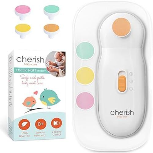 Cherish Baby Care Baby Nail Trimmer Electric - Auto Safety Stop, Safe Alternative to Baby Nail Clippers, Baby Nail File with 4 Filing Pads from 0-12+ Months, Electric Nail File Baby Care Products