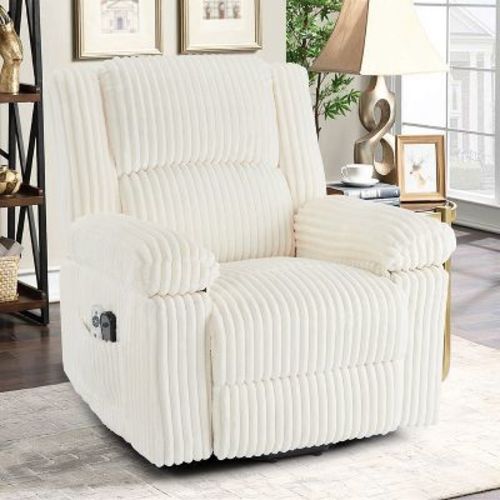 Power Lift Recliner Chair with Heat & Massage, Electric Lift Recliner with Padded Seat & 2 Side Pockets, Single Sofa Seat for Living Room, White