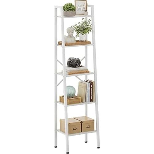 Hoctieon 5-Tier Industrial Ladder Bookshelf, Narrow Ladder Shelf, Tall Standing Bookshelf, Skinny Open Ladder Shelf, for Living Room, Home Office, Kitchen, Bedroom, Metal Frame, White