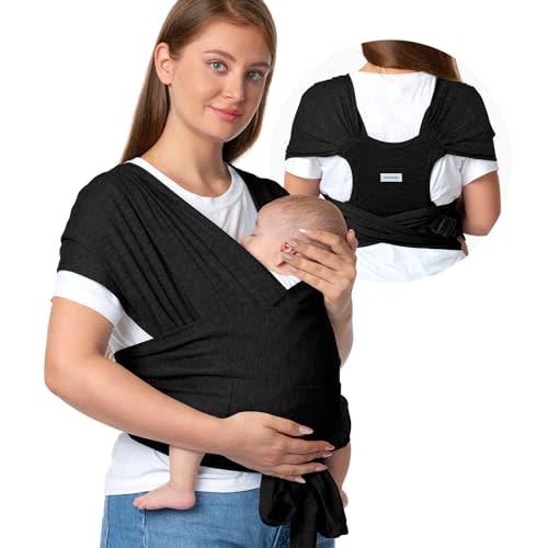 Momcozy Baby Wrap Carrier Skin-Friendly Fabric, Easy to Wear Baby Carrier Sling T-Shirt Design, Hands Free Baby Carriers Newborn to Toddler 8-35lbs, Adjustable Buckle Suit for Waist Waist 47-57, Black