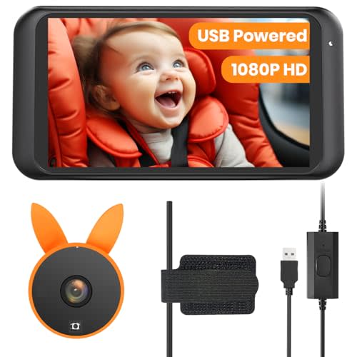 Babyvue USB Baby Car Camera Plug-Play, 4.5" 1080P Easy Setup Backseat Camera with Flexible 360 Rotation, Clear Picture Rear Facing Car Seat Baby Monitor