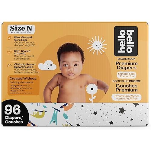 Hello Bello Disposable Diapers Size Newborn (0-10 lbs), Extra-Absorbent, Hypoallergenic, and Eco-Friendly Baby Diapers with Snug and Comfort Fit, 96 Count Club Pack (Design May Vary)