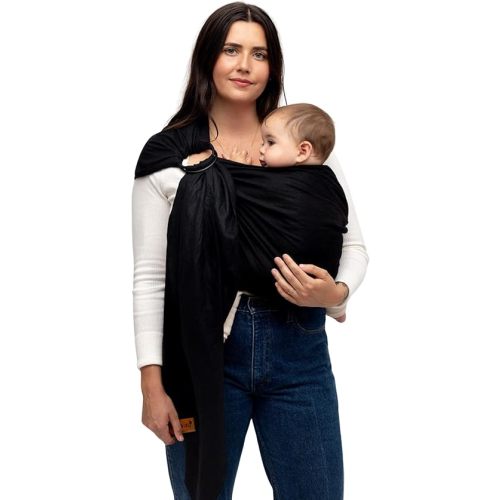 WildBird - Ring Sling Baby Carrier - 0-36 Months (up to 35 lbs) - Long (90") Raven & Black Ring - Front, Hip or Back Carry - Adjustable Fit - Natural Linen - Baby Essentials - New Mom Gifts