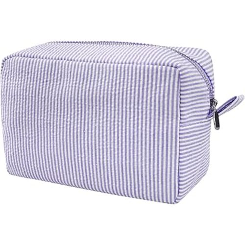 GFU Cosmetic Bags for Women, Seersucker Cosmetic Bag, Travel Toiletry Stripe Makeup Bag, Large Women Aesthetic Organizer Storage Pouch, Girls Handbags Purses,Purple