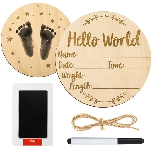 Baby Announcement Sign, 5.9 Inch Round Baby Nursery Name Signs with Ink Pad for Baby Hand and Footprints Wooden Hello World Newborn Sign for Photo Prop
