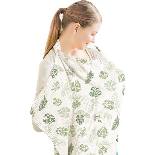 Konssy Muslin Nursing Cover for Baby Breastfeeding, Breathable 100% Cotton Breastfeeding Cover with Rigid Hoop for Mother Nursing Apron, Multi-use Carseat Canopy (Palm Paradise)