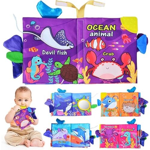 Crinkle Books for Babies,Touch and Feel Cloth Soft Books for Babies,Sensory for Baby Books 0-6 Months with Bi Bi Whistle,Mirror & Teething Toys,for Boy and Girl Gifts for Newborn Babies