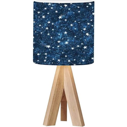 Tripod Bedside Desk Table Lamp Space Dark Blue Textured Seamless Constellations Stars Night Sky Hand Wood Nightstand Lamp with Linen Fabric Shade for Nursery Bedroom Living Room Kids Room
