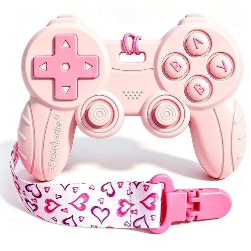 Cool Remote Game Control Teething Toy for Babies 0-6 6-12 Months,Game Controller Teether for Gamer Parents,Baby's First Valentines Day Gifts,Silicone Remote Chew Toys(Pink