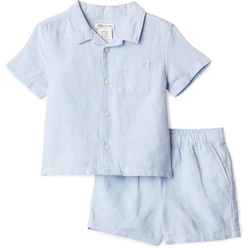 Amazon Essentials x Sofia Grainge Baby Boys' Cotton Linen Short Sleeve Shirt & Shorts Play Set, Light Blue, 6-9 Months