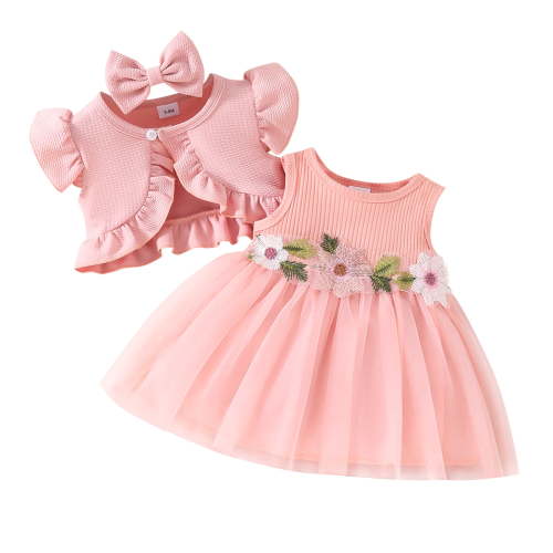 IWEMEK Baby Girls Dress Cute Pink Sheer Tutu Floral Embroidery Crew Neck Dresses Waffle Knit Bolero Shrug Size 3-6M
