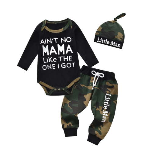 Newborn Baby Boy Clothes Letter Long Sleeve Romper + Pants + Hat 3PCS Outfits Set Black 3-6 Months