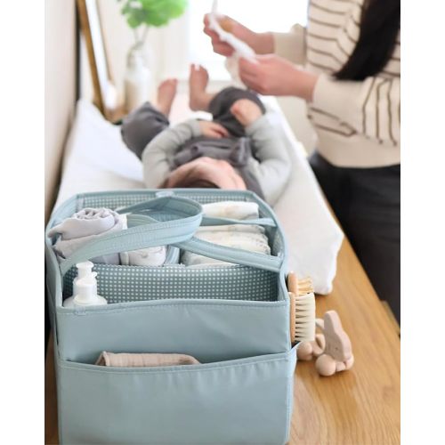 Lily Miles Baby Diaper Caddy Organizer, Wipeable Diaper Organizer Basket with 8 Pockets for Newborn Essentials, Nursery Tote Bag for Changing Table & Car Organization (Willow Green, Large)