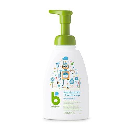 Babyganics Foaming Dish & Bottle Soap, Pump Bottle, Fragrance Free, Plant-Derived Cleaning Power, Removes Dried Milk, 16 Fl Oz
