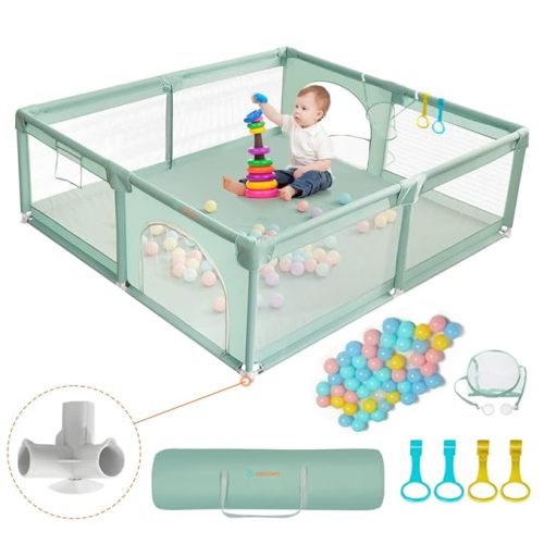 COMOMY Playpens for Toddlers, 71"x59" Baby Playard Extra Large, Safe Non-Slip Fence, Full Mesh Design, Indoor & Outdoor Kids Activity Center, Dark Green