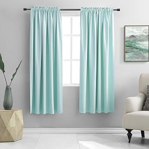 DONREN Aqua Color Blackout Curtains for Bedroom - 63 Inch Length Room Darkening Thermal Insulated Rod Pocket Curtains for Kids Room(42 x 63 Inches Long,1 Pair)