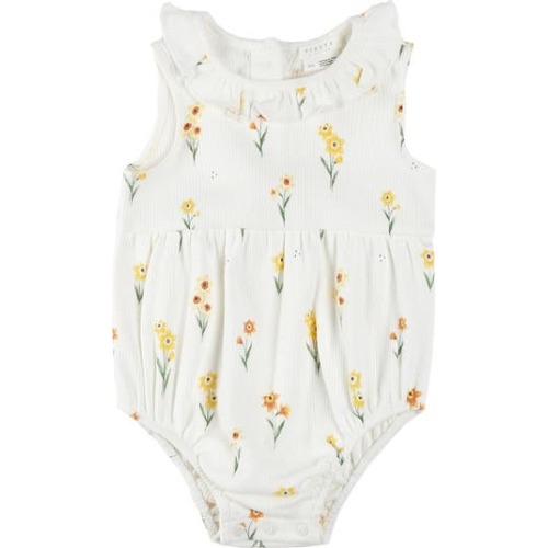 Daffodil Print Cotton Rib Bubble Romper, 3M