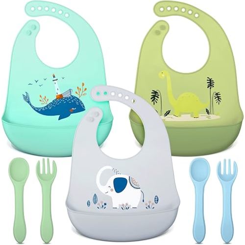 Zhanmai 3 Pack Silicone Bibs for Babies with Spoon Fork Silicone Feeding Bibs for Toddlers Boys Kids Girls (Vivid Style)