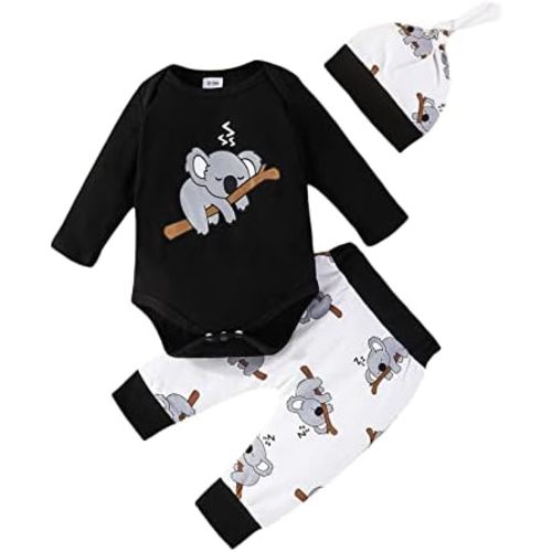 FOMOYUU Newborn Baby Boy Clothes Long Sleeve Romper Koalas Print Coming Home Outfit Bodysuit Pant Set 3PCS for Fall Winter