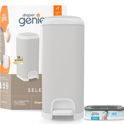 Diaper Genie Select Pail (Grey) is Made of Durable Stainless Steel and Includes 1 Starter Square Refill That can Hold up to 165 Newborn-Sized Diapers.