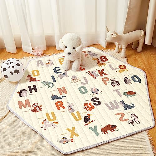 Funtery Woodland Animals Hexagon Playpen Mat Baby Play Mat Foldable Soft Nursery Rug Portable Baby Playmat Washable Comfortable Hexagon Playpen Mattress for Floor Activity Room Indoor Outdoor (Letter)