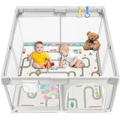 Baby Playpen with Mat 47"x47" Play Pen for Babies and Toddlers - Large Playpen Safe Baby Playards Activity Center Indoor & Outdoor,Light Grey Toddler Playpen with Mesh Gate Kids Play Area
