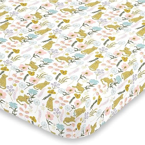 NoJo Cheetah Flower Yellow, Pink, Blue & Green Super Soft Mini Crib Sheet, Yellow, Pink, Blue, Green