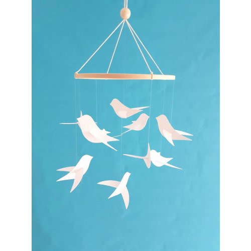Personalized gifts Nursery decor Baby mobile Room decor 10 White birds on wooden circle 25x75cm.