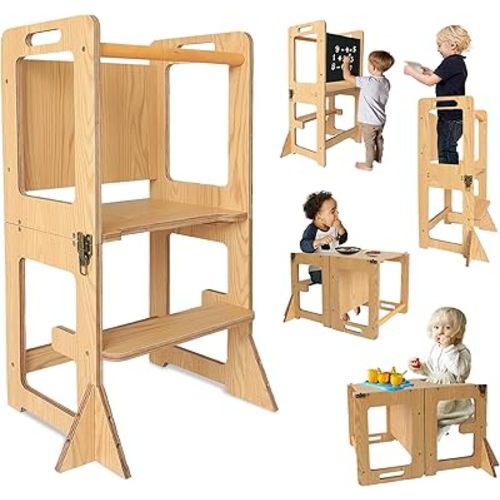 Toddler Tower, Kitchen Step Stool Helper for Kids, Wooden Montessori Learn Tower with Chalkboard, Multi-use 4 in 1 Kitchen Standing Tower, Foldable Weaning Table with Safety Rail