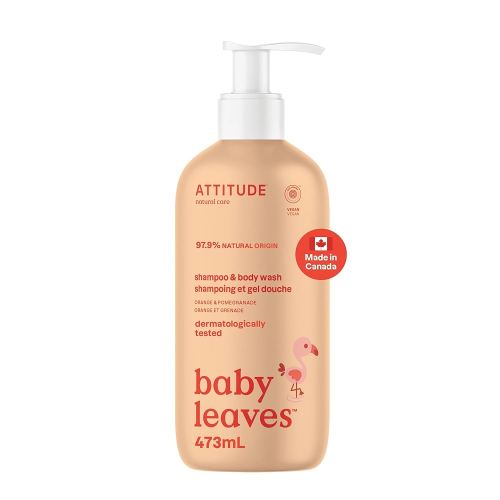ATTITUDE Baby 2-in-1 Shampoo and Body Wash, Made in Canada, EWG Verified, Dermatologically Tested, Vegan, Orange and Pomegranate, 473 mL