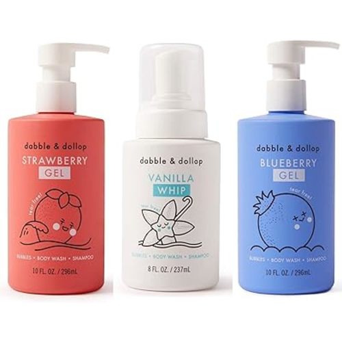 Dabble & Dollop USA Bundle, 3-in-1 Natural Bubble Bath, Body Wash & Shampoo for Kids, USA-Made, Paraben & Sulfate Free, Vegan, Tear-Free, Strawberry, Vanilla & Blueberry (Set of 3)