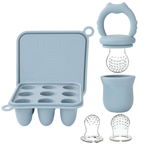 Socub Silicone Baby Fruit Food Feeder & Baby Food Freezer Tray Set, Breastmilk Popsicle Molds for Baby Teething Relief, Baby Food Pacifier Feeder for Self Feeding, Include 3 Sizes Food Pouch(Ether)