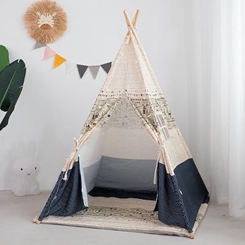 Kids Teepee Tent with Mat, xiaowantong Printed Canvas Teepee for Girl Boy with Carry Bag, Portable Kids Playhouse for Indoor Outdoor (Bottom Blue)