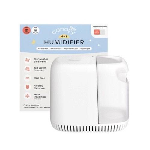Canopy Mist Free Evaporative 4 in 1 Humidifier with Settings, Optional Night Light, White Noise Machine & Aroma Diffusion, 2.5ltr - White