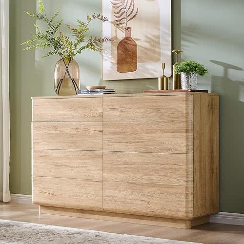 ACCOHOHO 8 Drawer Dresser for Bedroom, 52 Inch Wide Modern Chest of Drawers, Push-to-Open Wood Storgae Organizer with Large Drawers for Bedroom, Living Room, Hallway,Natural Oak