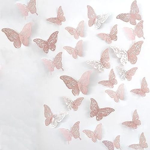 3D Butterfly Wall Decor Decorations Butterflies DIY Wall Art Sticker Bedroom Baby Nursery Decals Removable Decorative Paper Murals for Mirror Kids Room Bedroom Wedding 36PCS (Rose Gold)