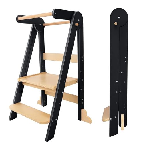 Nordi Foldable Toddler Kitchen Tower,Montessori Kitchen Stools Helper,Standing Tower with 3 Adjustable Heights,Suitable Age for 1.5-6 Years,Black