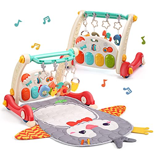 CUTE STONE Baby Play Gym & Learning Walker, Baby Play Mat with Play Piano, Musical Activity Center with Lights, Baby Push Walkers & Thin Playtime Mat for Infant Newborn Toddlers