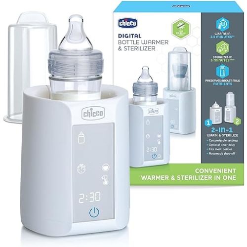 Chicco Digital Bottle Warmer & Sterilizer for Baby Bottles, Baby Food Jars, and Milk Bags | Eliminates 99.9% of Germs | 4 Heating Options | Digital Touchscreen| Automatic Shut-Off & Sound Alert