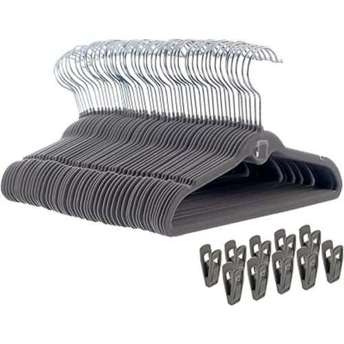 Kid Hangers Velvet 50 Pack - 11" Inch Stackable Non-Slip Baby Felt Hangers for Closet + 10 Hanger Clips - Ultra Thin Small Hangers for Toddler Kids Clothes, Gray