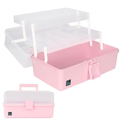 WEWLINE Hair Accessories Organizer 13-Inch Art Supply Bin Sewing Box 3-Layers Craft Storage Organizer with Handle Pink Tool Tackle Box Storage Great Gift for Kids