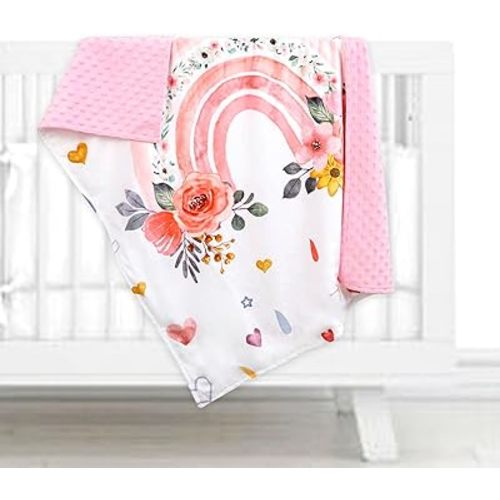 Baby Blankets for Girls, Soft Double Layer Blankets with Dotted Backing, Floral Newborn Nursery Bed Blanket, Rainbow