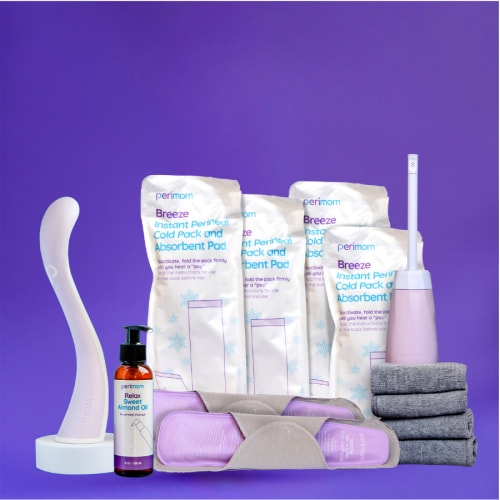 Complete Perineal Prep to Recovery Kit: Perineal Massager + Massage Oil+ Peri Bottle + Single Use Ice Packs+ Reusable Hot & Cold Gel Packs + Disposable Underwear (13pc. kit)