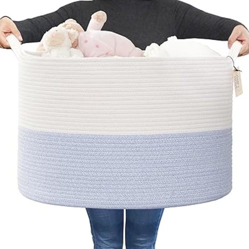COMFY-HOMI XXXL Large Laundry Basket, Cotton Rope Nursery Woven Basket for Storage, Blanket Baskets Living Room Laundry Hamper, Dog Toy Storage Organizer, Home Decor-21''x21''x13.6''-White/Blue