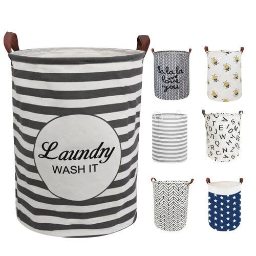 Furrygo Large Laundry Hamper, Waterproof Canvas Laundry Basket, Collapsible Storage Basket Bin for Kids Room, Toy Organizer, Nursery Hamper, Clothes Hamper, Gray Stripe